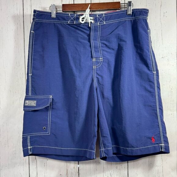 Polo Ralph Lauren Mens Blue Board Shorts Drawstring Relaxed Fit Logo SwimTrunks - Picture 1 of 14